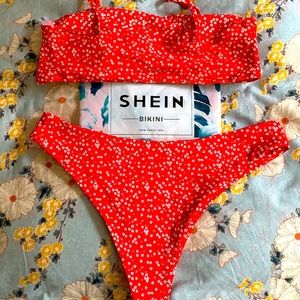 NWT Shein Red Ditsy Floral Bandeau Shoulder Tie Bikini Bathing Suit Set Size L